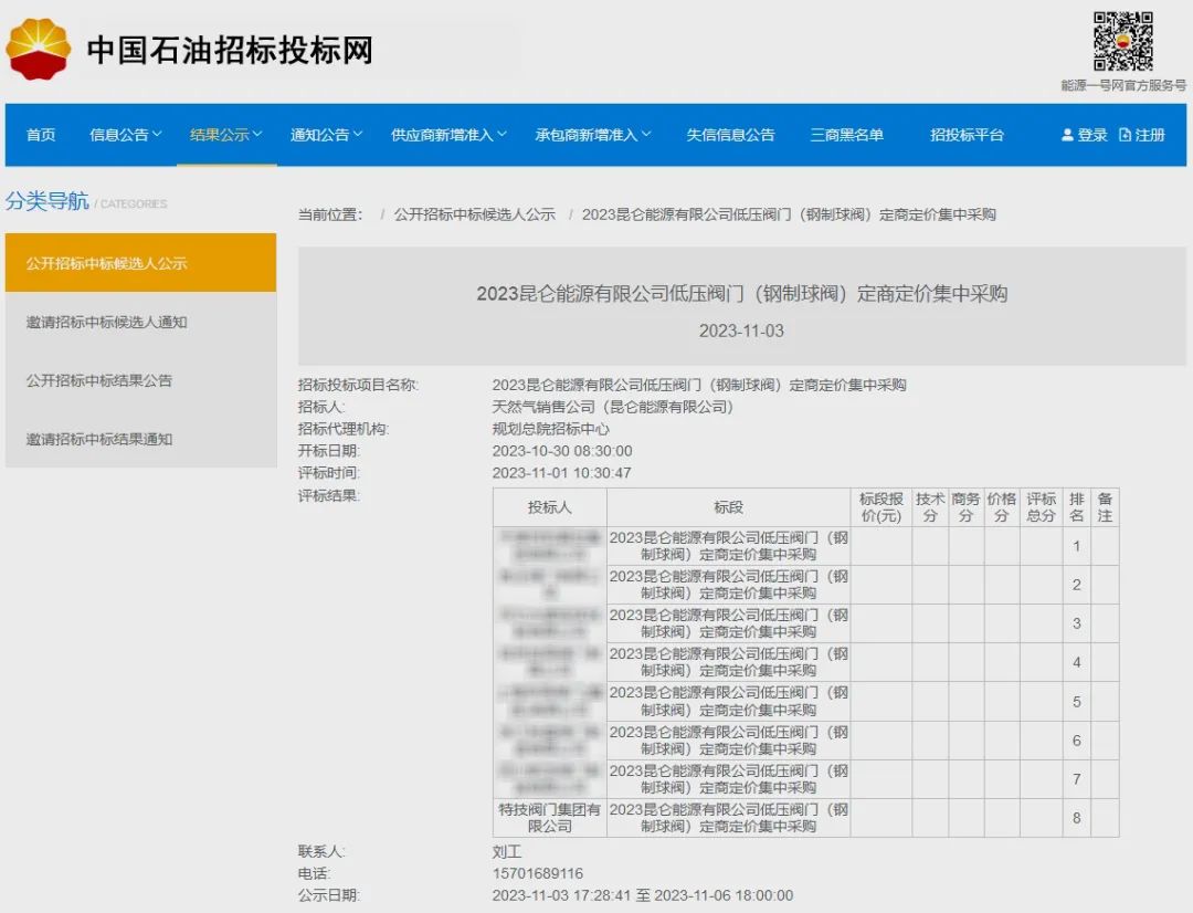 特技成功中標2023昆侖能源有限公司低壓閥門（鋼制球閥）定商定價集中采購項目